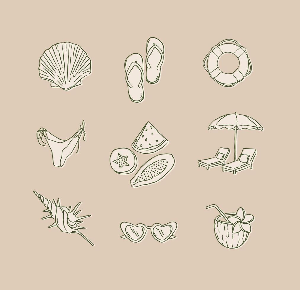 Summer beach icons collection shell flip flops bikini papaya watermelon melon beach lounger and umbrella sunglasses coconut drawing in graphic style on brown background vector