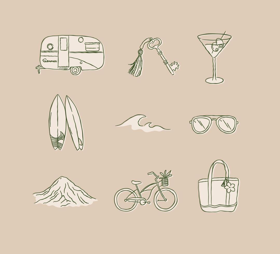 Summer travel icons collection car trailer key glass surfboard waves sunglasses mountain bicycle beach bag drawing in graphic style on brown background vector