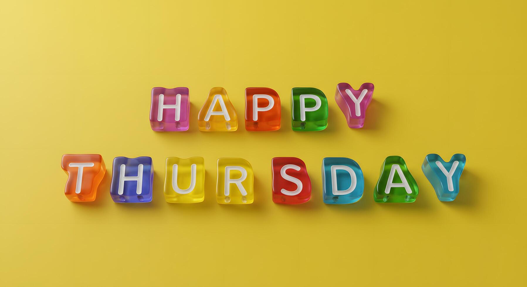 Happy Thursday. Colorful plastic blocks forming Happy Thursday placed on a yellow background, perfect for school materials, office reminders, or email headers. photo
