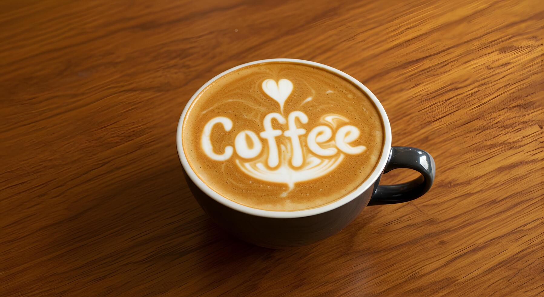 A close-up of specialty coffee with precise latte art typography, elegantly displayed on a wooden table for stylish digital and print designs. photo