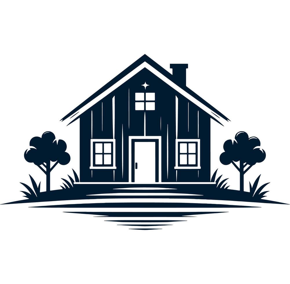A black and white illustration of a house with trees vector