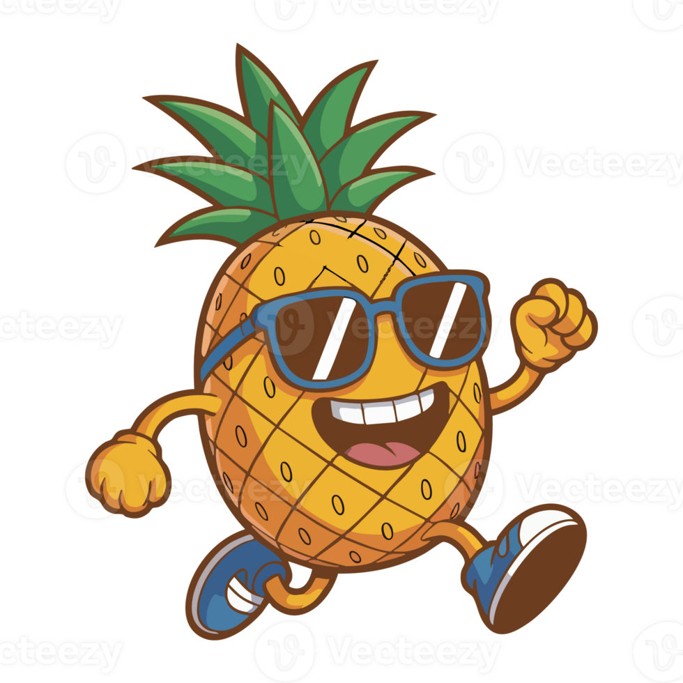Retro style t shirt design pineapple wearing sunglasses and running. png