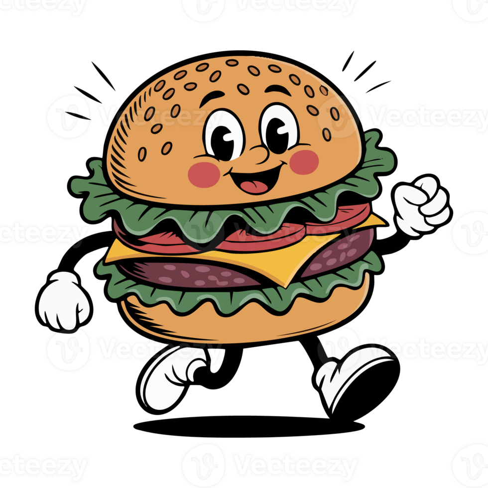 Retro style t shirt design dynamic illustration of a burger with legs running png