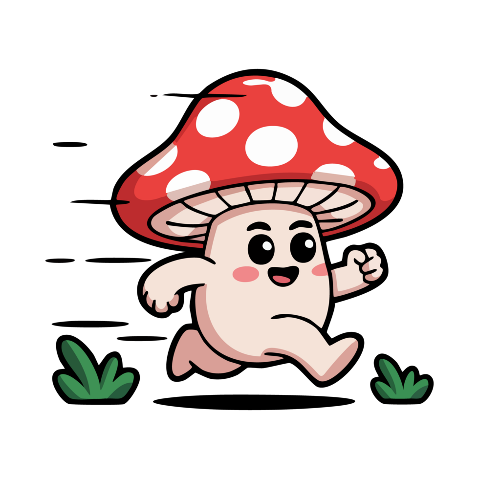 Cute icon character mushroom running on grass png