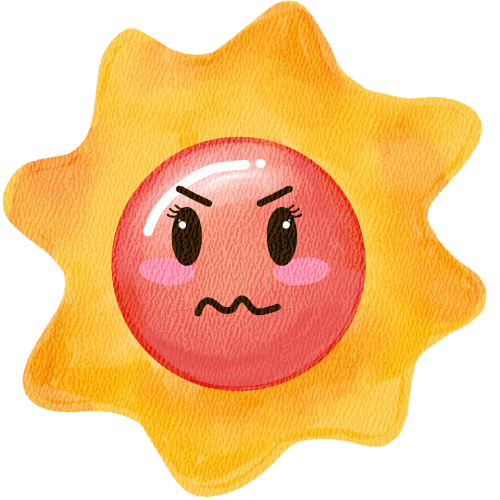 Cute Angry Sun Cartoon Illustration with Watercolor Texture png