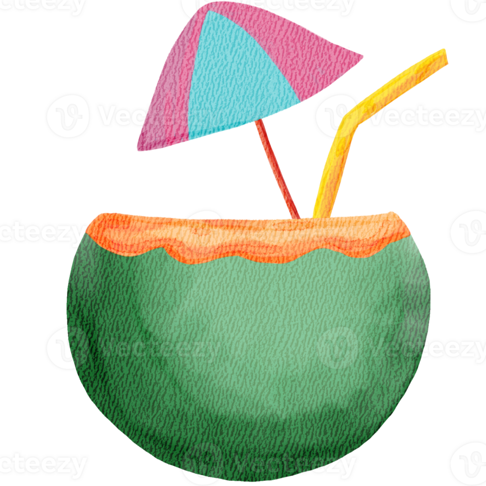 Tropical Coconut Drink Cartoon Illustration with Watercolor Style png