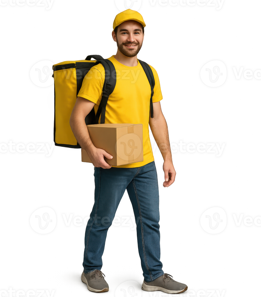 smiling delivery man in yellow shirt holding cardboard box and insulated backpack png