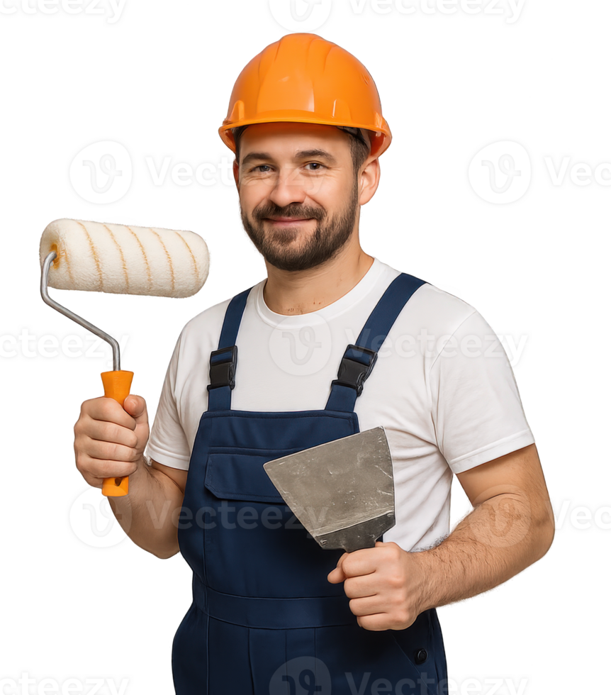 smiling male painter with roller and spatula wearing orange helmet and blue overalls png