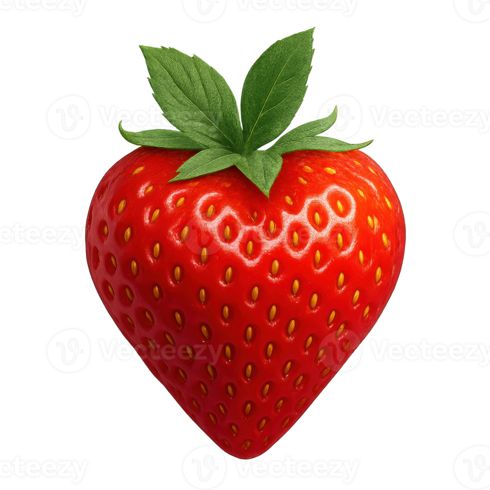 Fresh red strawberry close-up with green leaves on transparent background, ripe fruit for dessert, farming, sweet snack and organic produce png