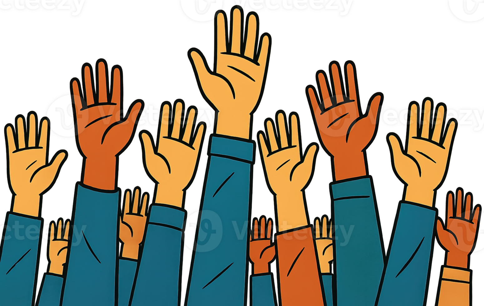Diverse group raising hands at a meeting or classroom session png
