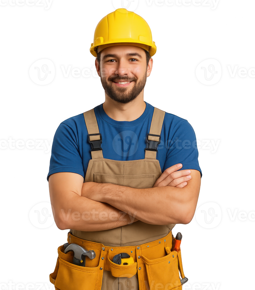 construction worker smiling with arms crossed wearing yellow helmet and tool belt in uniform png