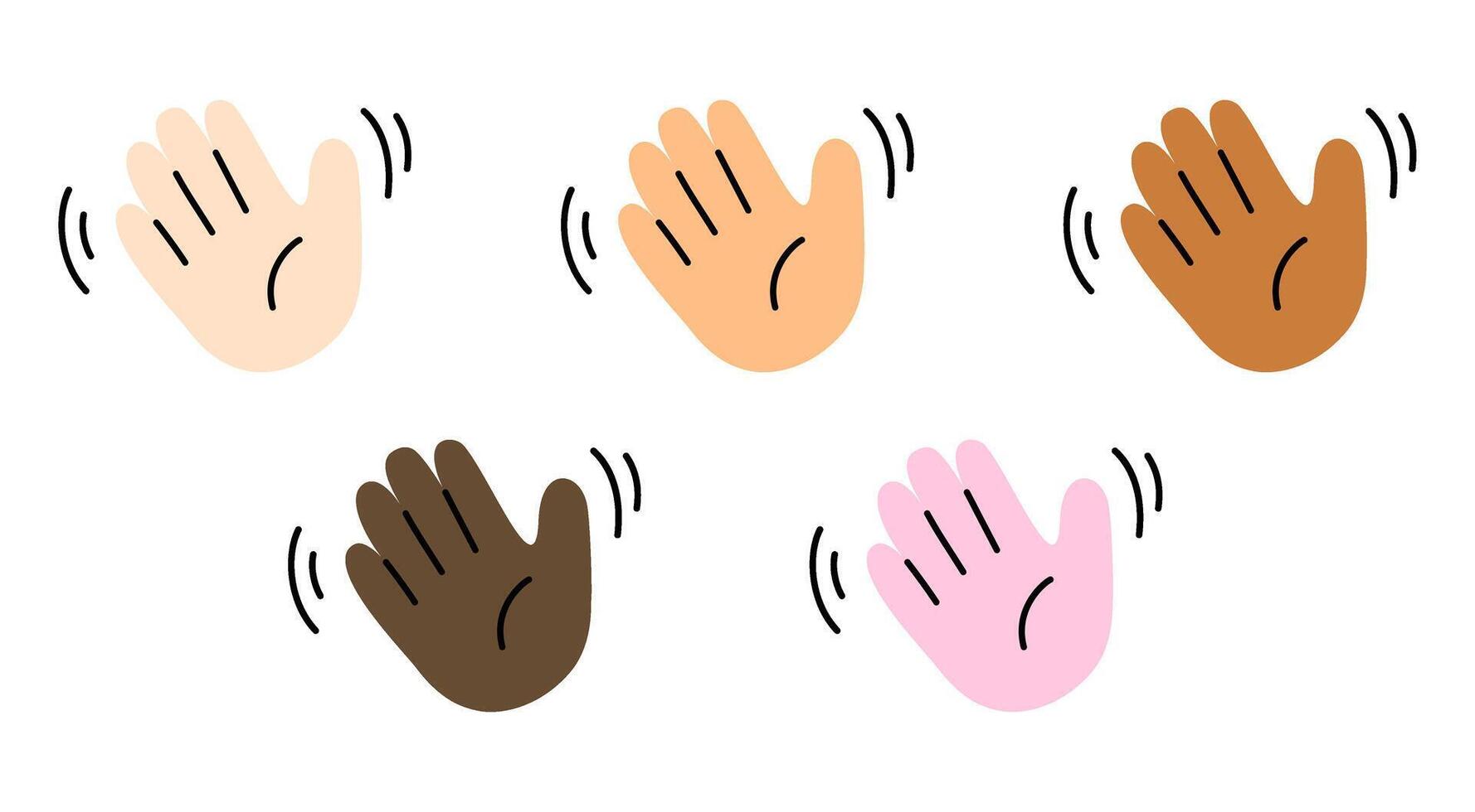 Hello Emoji Color Skin Pale Brown Black Hand Drawing Hi Emoji Bundle Set. Cute Stye. vector