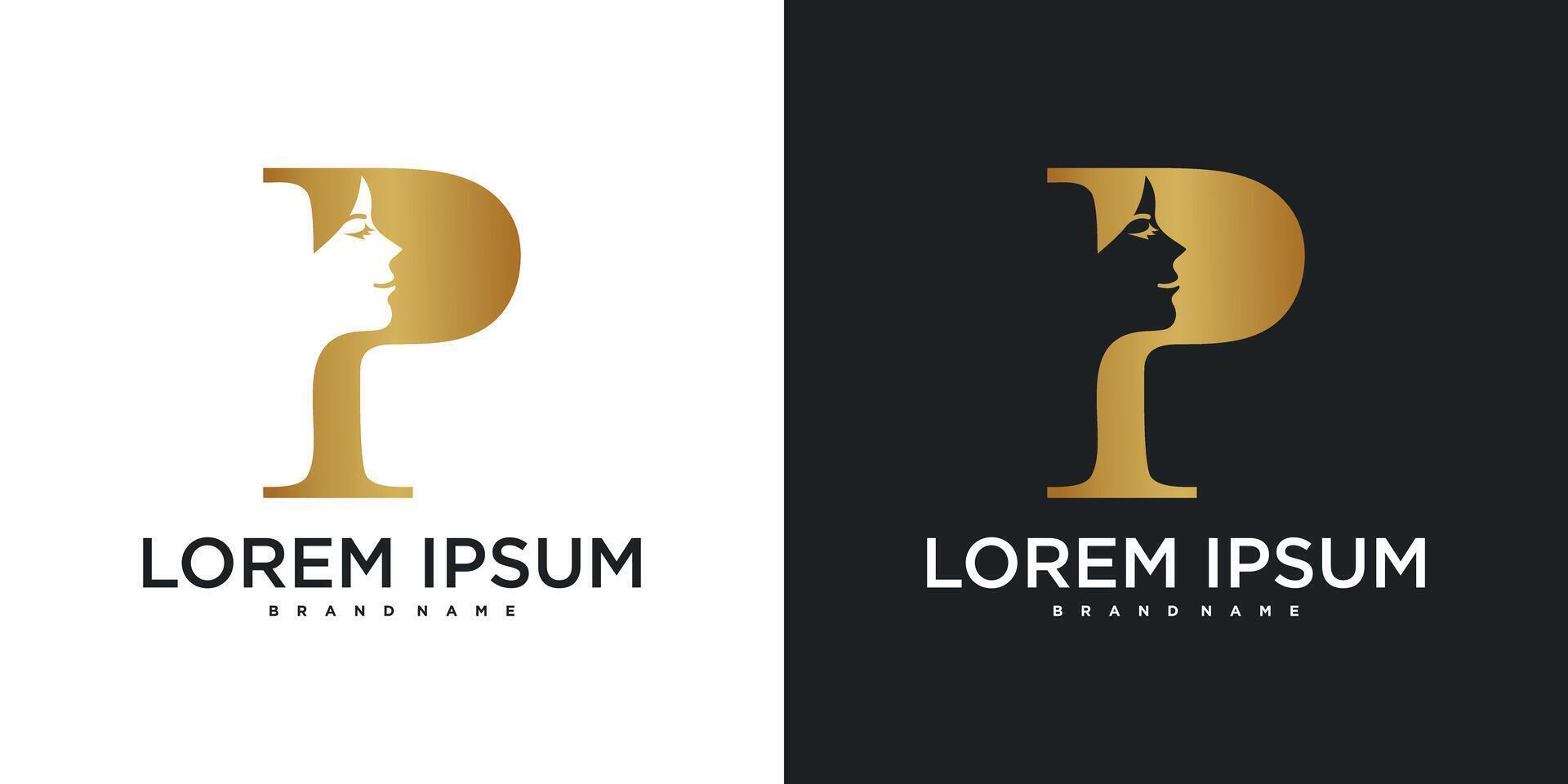 Initial letter P monogram logo design and silhouette of a woman's face. Premium vector