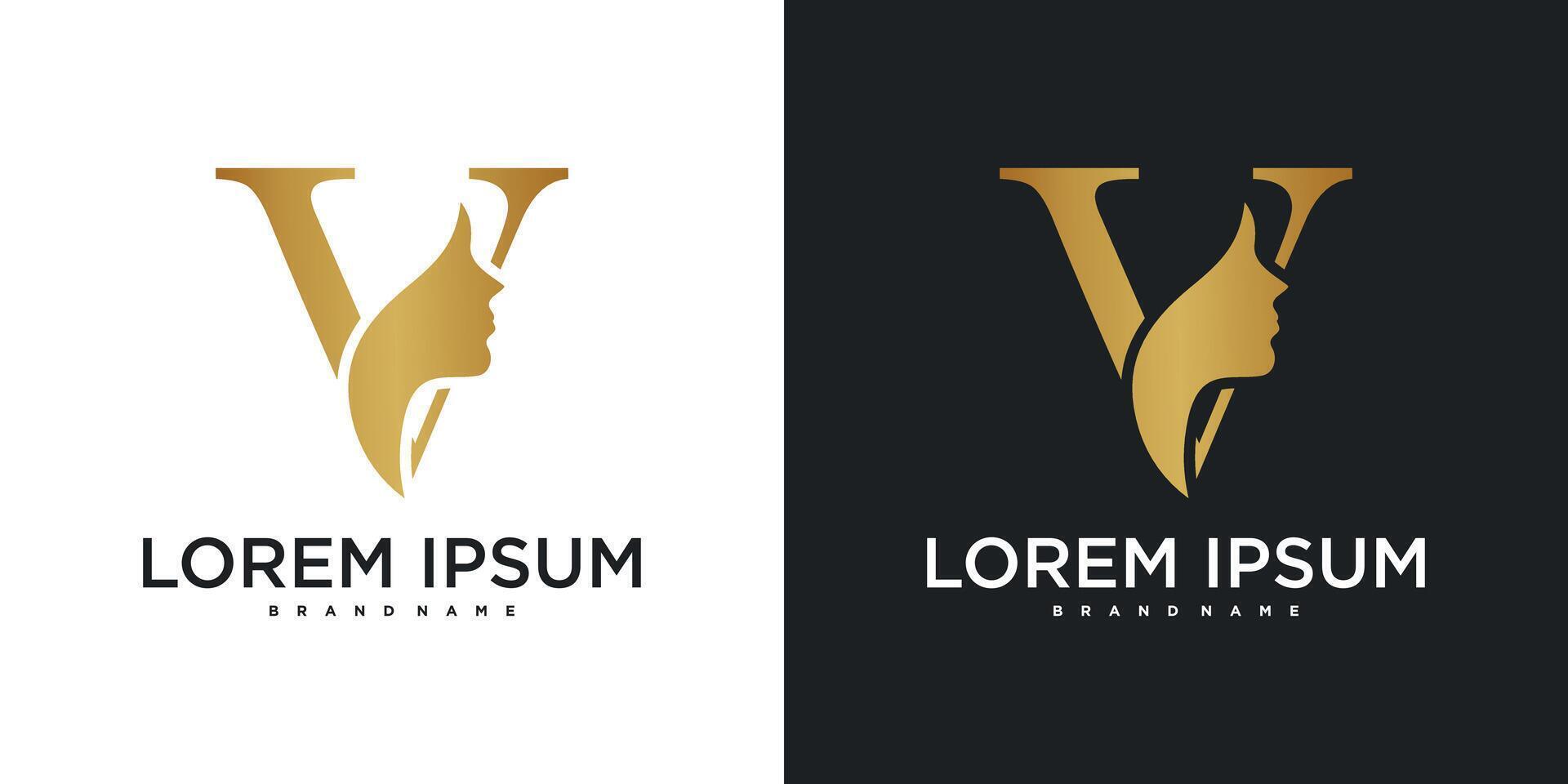 Initial letter V monogram logo design and silhouette of a woman's face. Premium vector