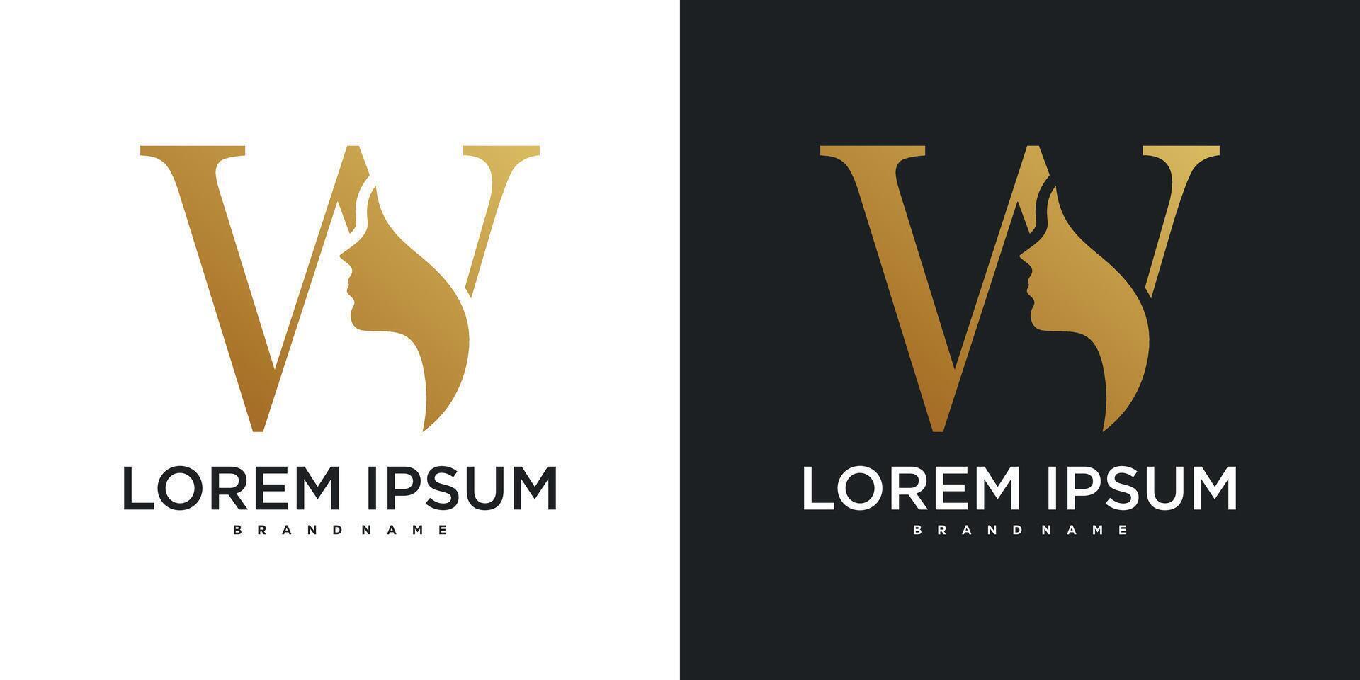 Initial letter W monogram logo design and silhouette of a woman's face. Premium vector