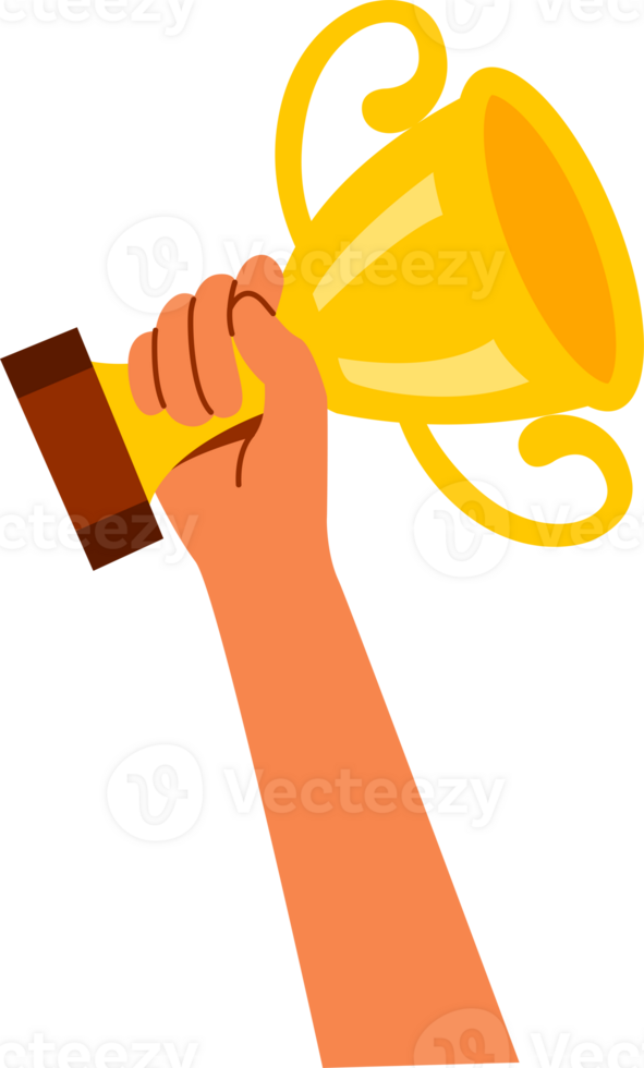 Golden Trophy in hand, illustration flat design. png