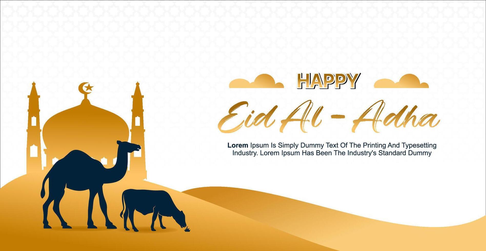 Illustration of Happy Eid al-Adha with Mosque Dome and Sacrificial Animals vector