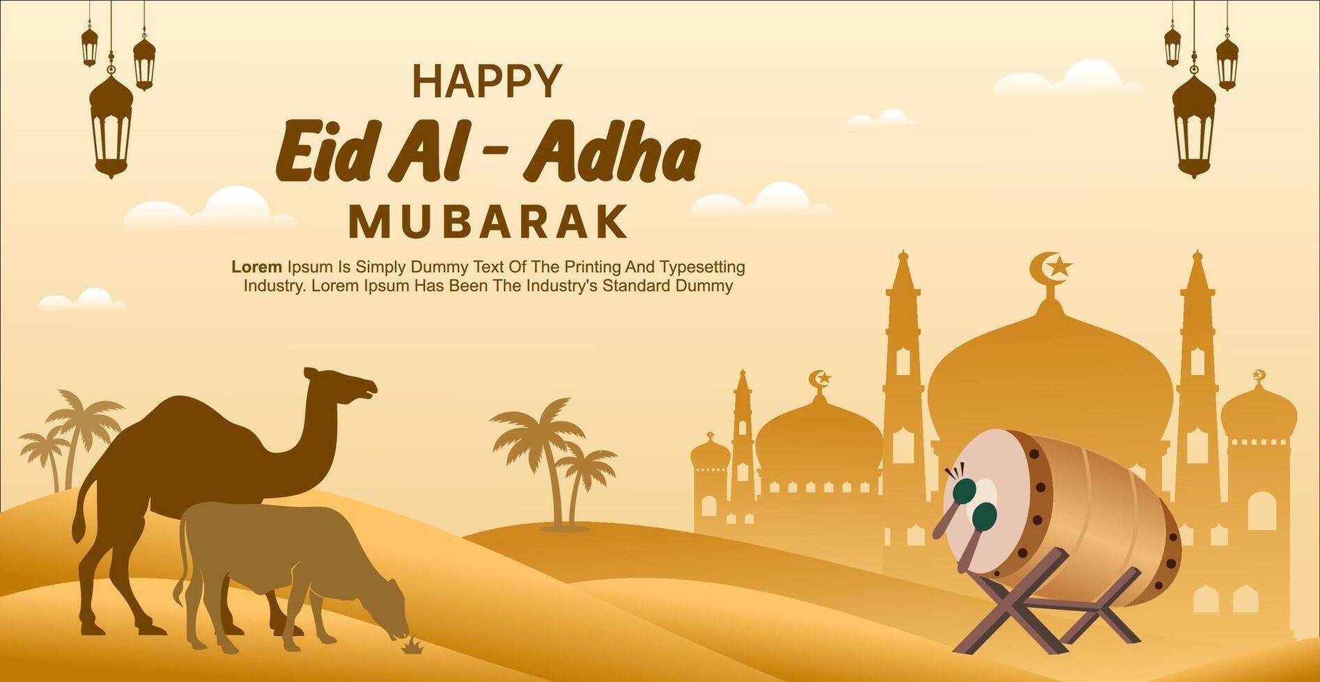 Eid al-Adha Greeting Card Design with Picture of Sacrificial Animal in the Desert vector