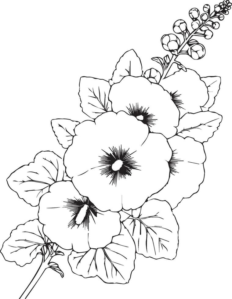 illustration of a beautiful Hollyhock flower bouquet. sketch illustration, isolated on white. Monochrome hand-drawn floral Hollyhock. sketch illustration with flowers vector
