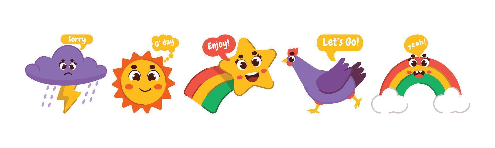 Group of weather and animal cartoon characters with comic expressions, set of elements for design, perfect for children's illustrations or educational materials. vector