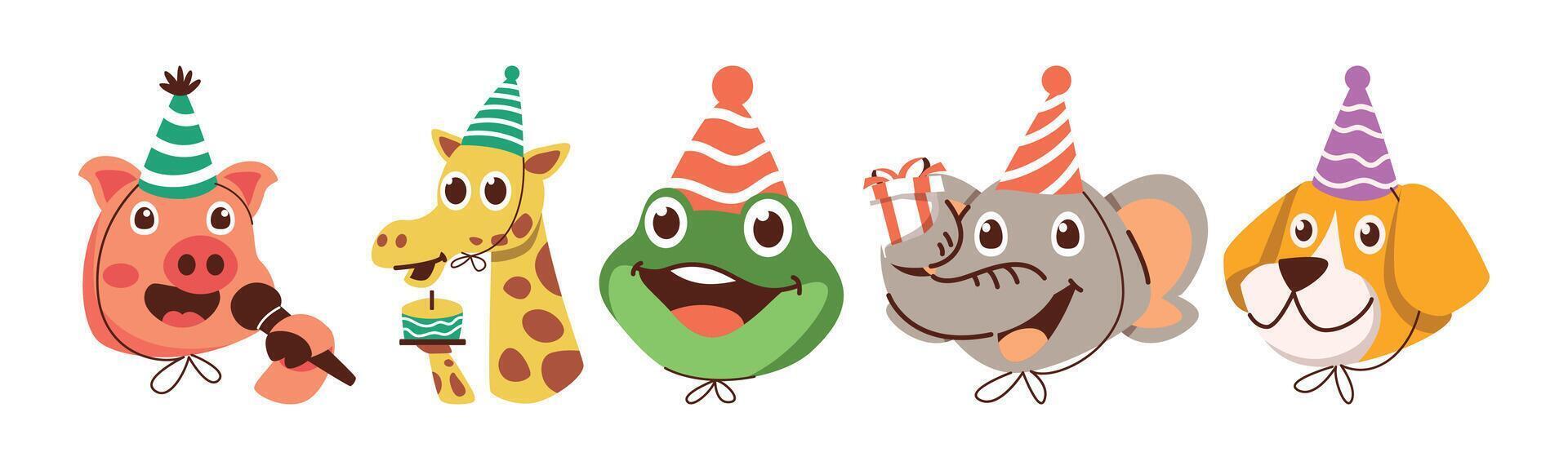 A cheerful cartoon featuring a collection of diverse animals joyfully celebrating a birthday, complete with party hats, gifts, and cake, creating a festive atmosphere. vector