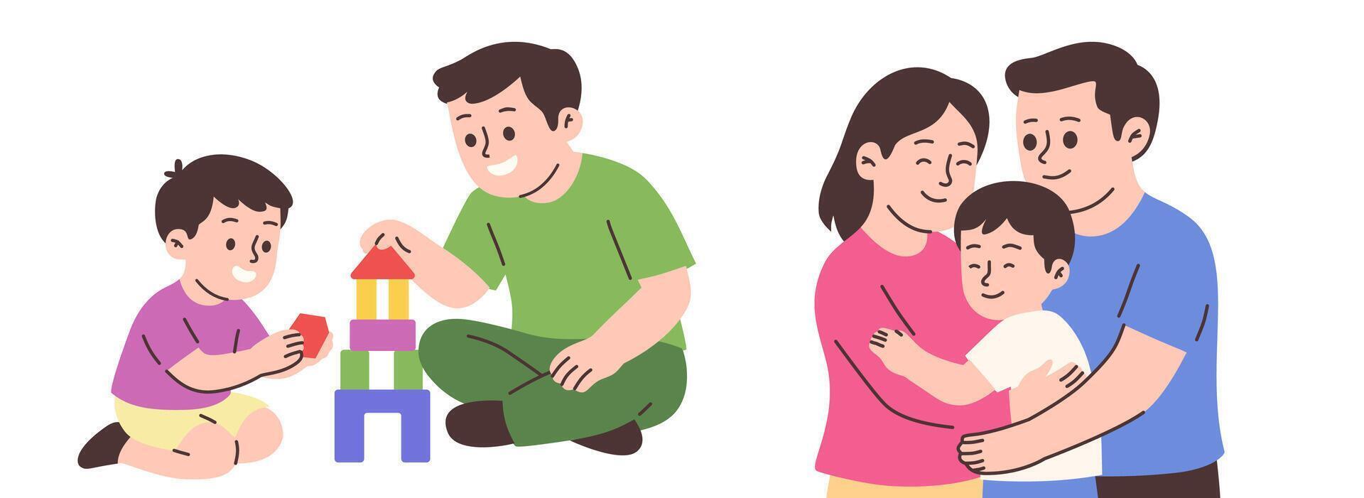 A cartoon illustration depicts a joyful family. A father and son playing with blocks, with a mother and child sharing a heartwarming embrace. vector