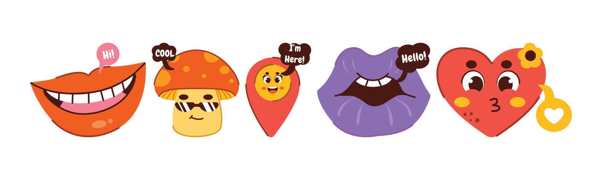 A vibrant and playful illustration featuring a collection of funky cartoon characters, including lips, a mushroom, a heart, and a location icon, all exuding cheerful and positive vibes. vector