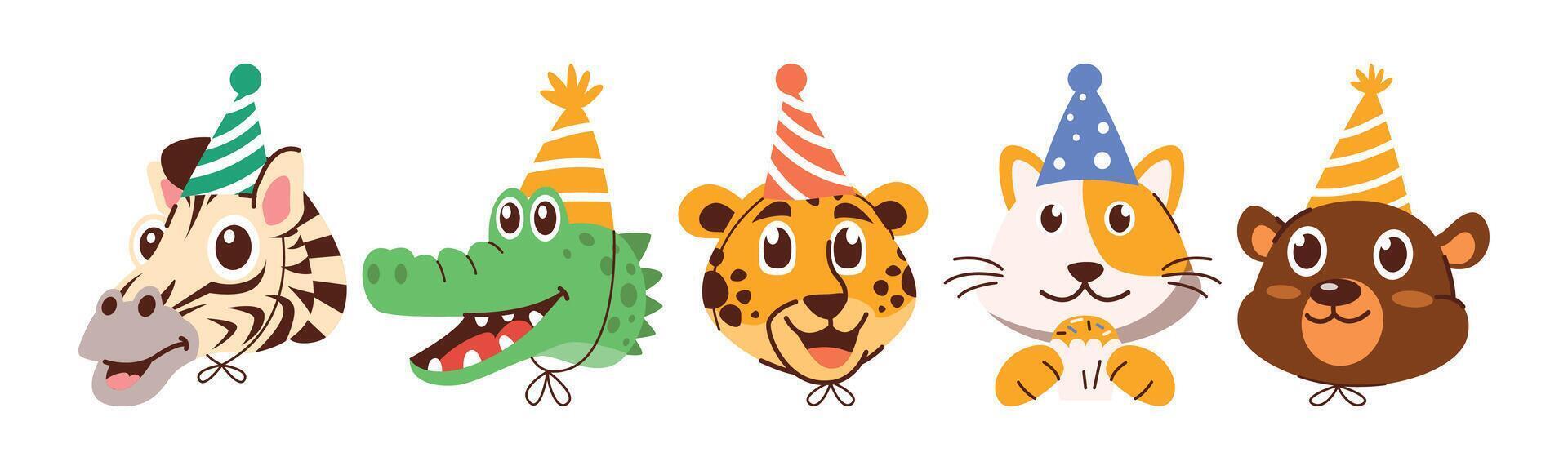 A colorful illustration of various cartoon animal heads wearing party hats, evoking a joyous and festive atmosphere. vector