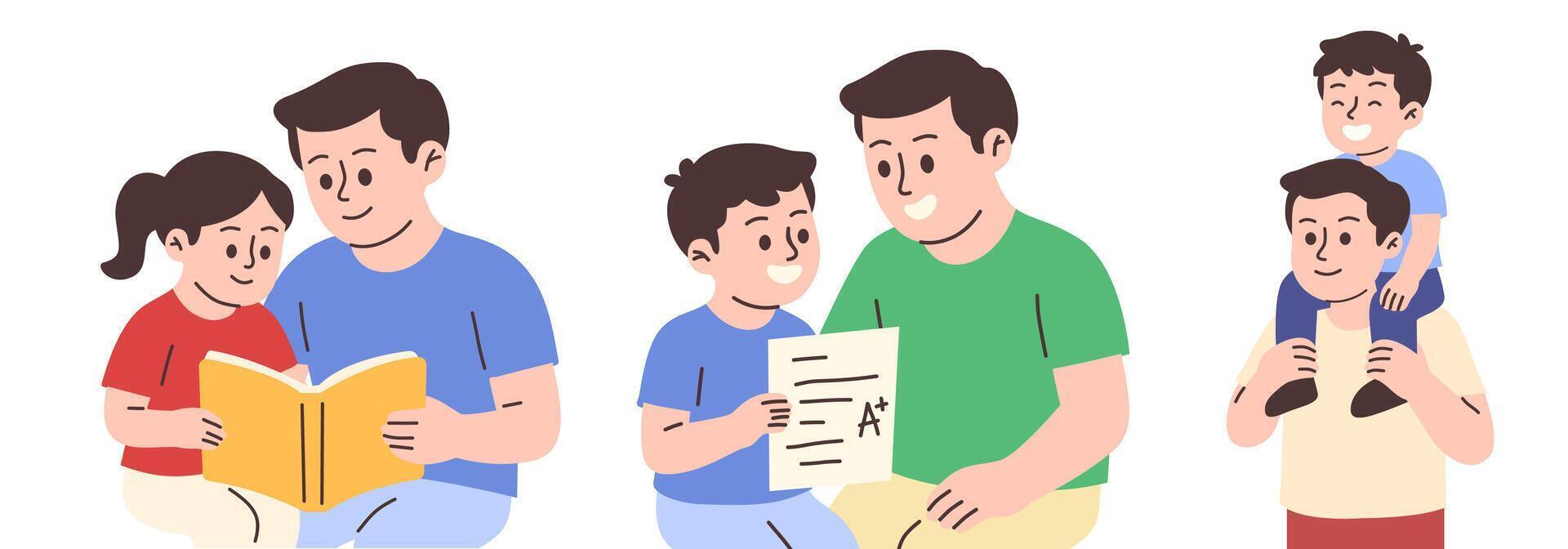 A loving father spending quality time with his children. Reading together, helping with homework, and enjoying a fun piggyback ride. The cartoon illustration captures the essence of family. vector