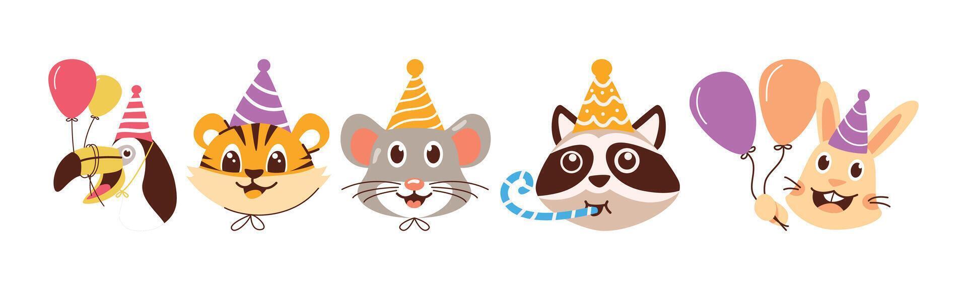 A cheerful illustration of cartoon animals wearing party hats and holding balloons, perfect for a birthday celebration or joyful occasion. vector