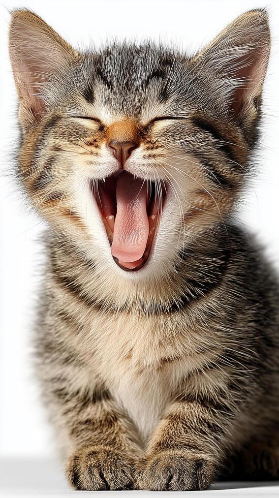 Yawning kitten with fluffy fur and expressive features. photo