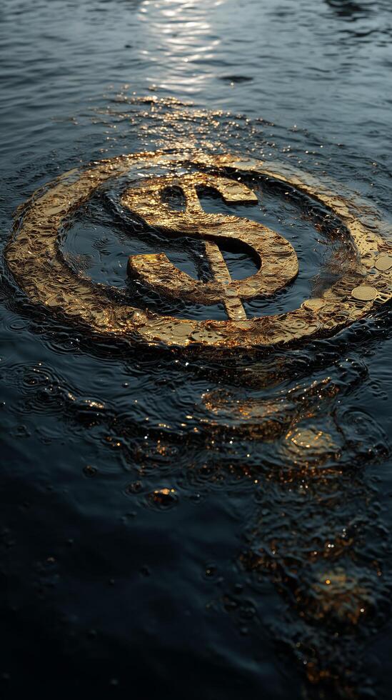 Reflection of a dollar symbol in shimmering water surface. Gold prices plunge. photo