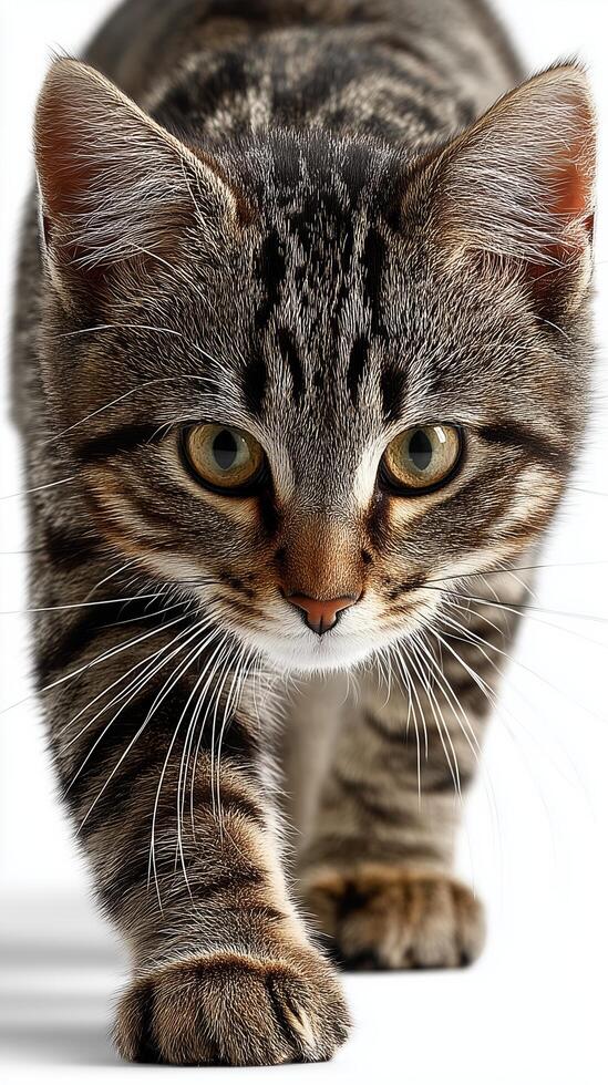Playful tabby cat walking towards the camera. photo