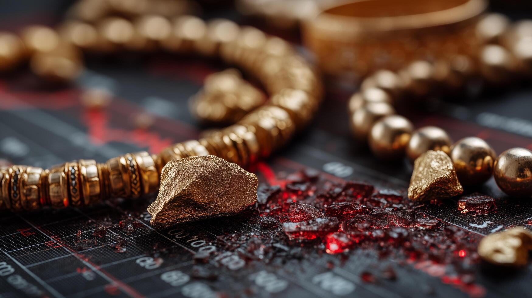 Jewelry scattered over a roulette table with a dark, dramatic background. Gold prices plunge. photo