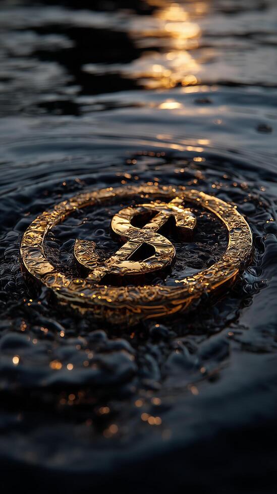 A dollar sign submerged in water with ripples and reflections. Gold prices plunge. photo
