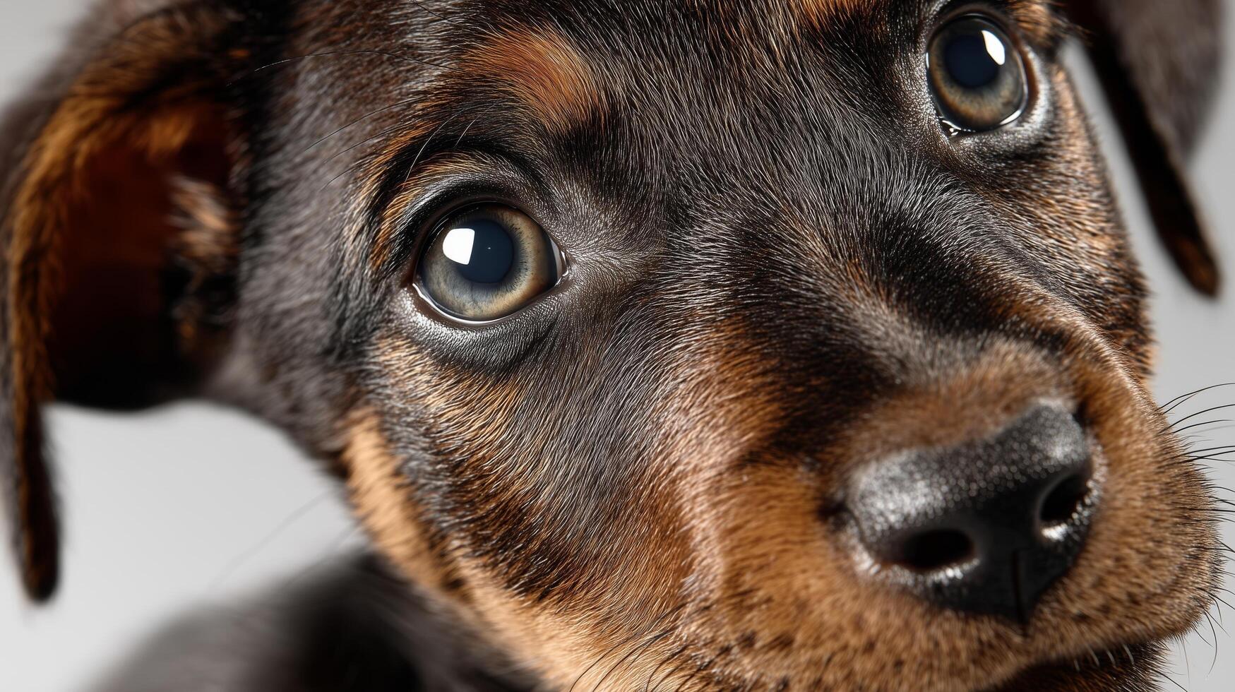 Close-up of a puppy's face with expressive eyes and soft fur. photo