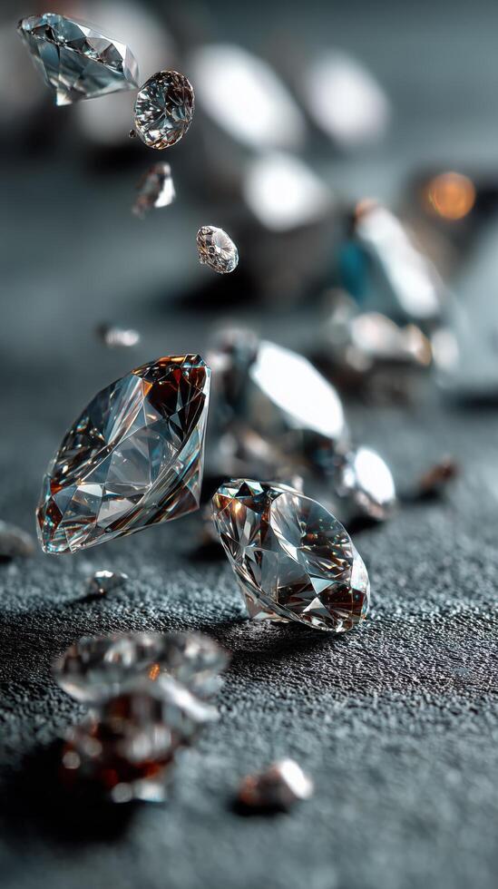 Shimmering diamonds scattered on a textured surface. High end jewelry and diamond. photo