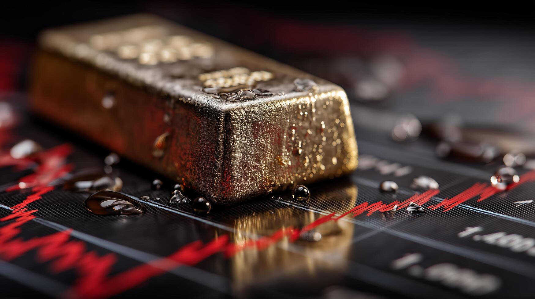 Gold bar with water droplets on a dark financial background. Gold prices plunge. photo