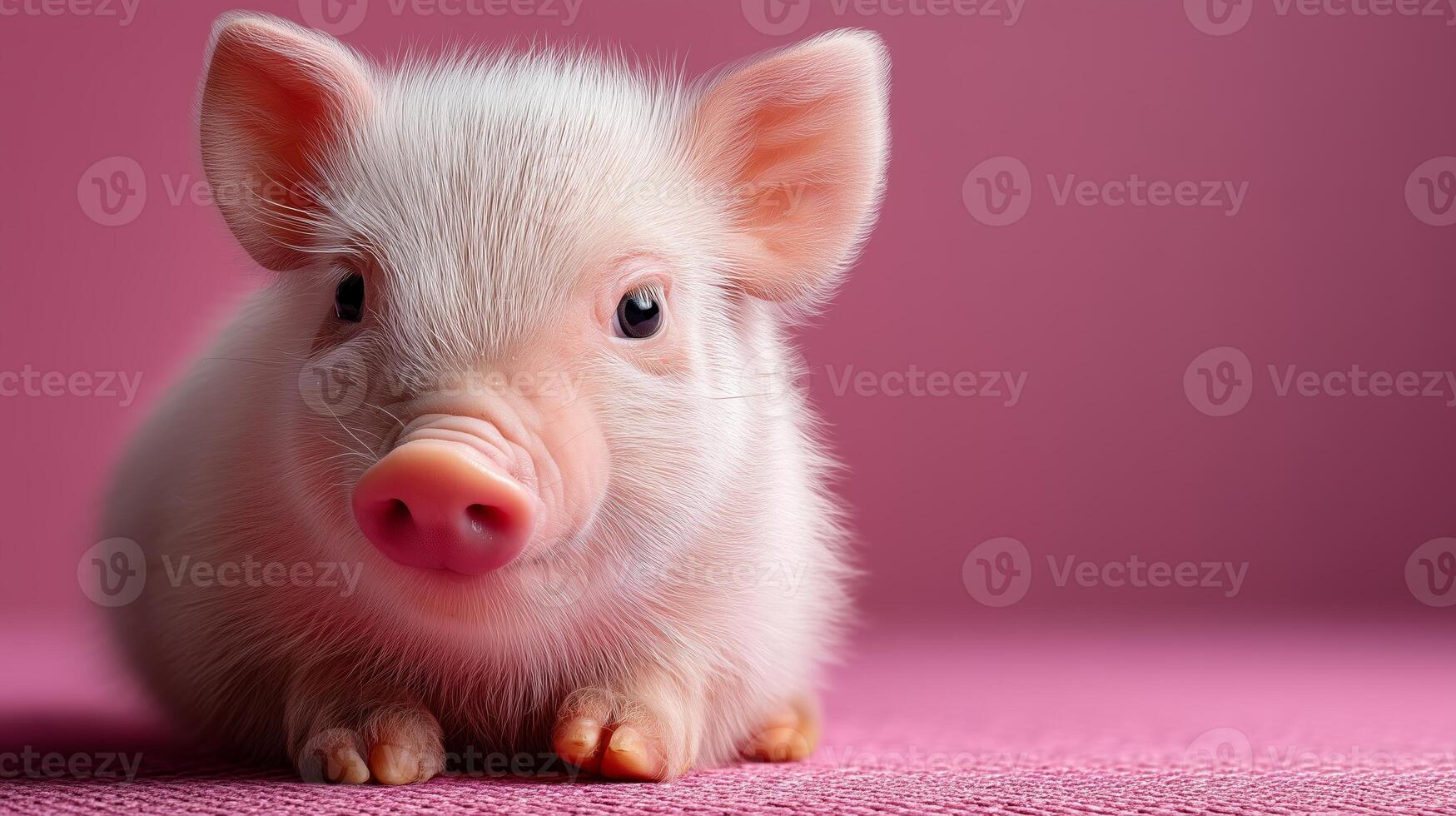 Cute piglet with pink background, looking curiously at the camera. photo