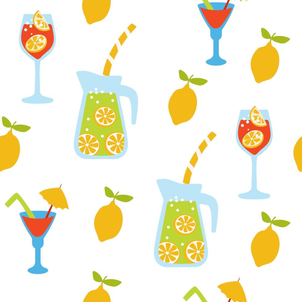 Seamless pattern with refreshing drinks. Homemade lemonade and fruit cocktails. vector