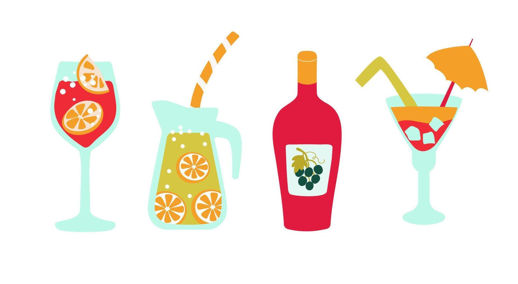 Set with refreshing drinks. Homemade lemonade,vino and fruit cocktails. vector