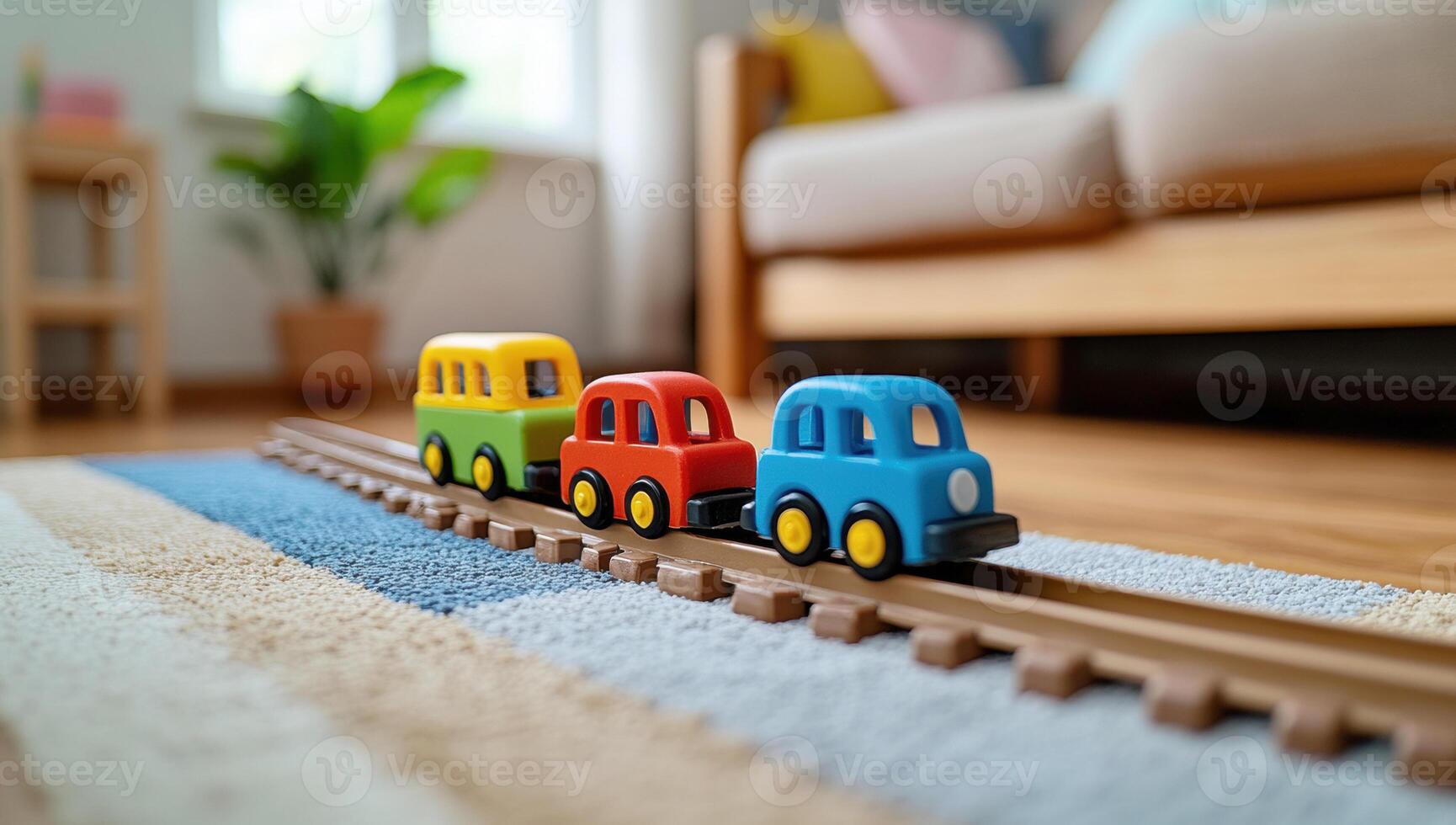 Miniature colorful cars are running on a toy train track in a child's playroom, evoking the joy and imagination of childhood photo