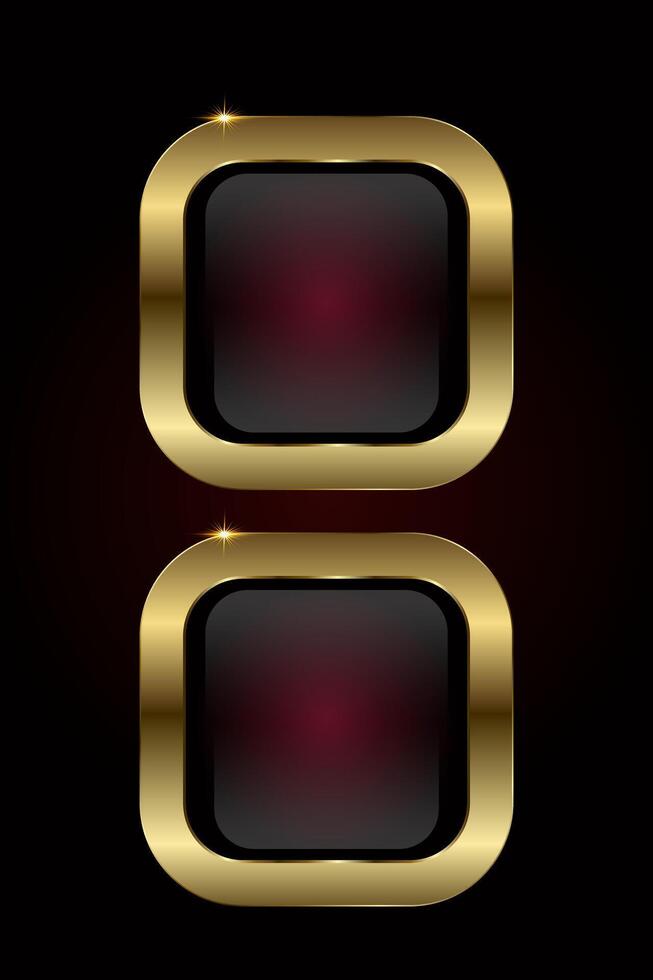 Set of two luxury button features a bold, square shape with rounded edges, framed by a glossy, gold metallic finish. and red glossy button with gold ring frame vector