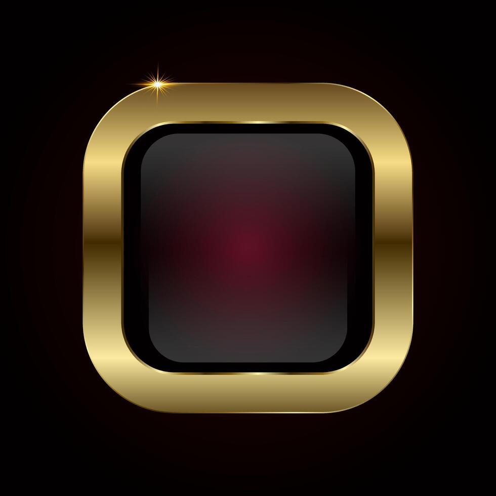 luxury button features a bold, square shape with rounded edges, framed by a glossy, gold metallic finish. with red glossy button with gold ring frame illustration vector