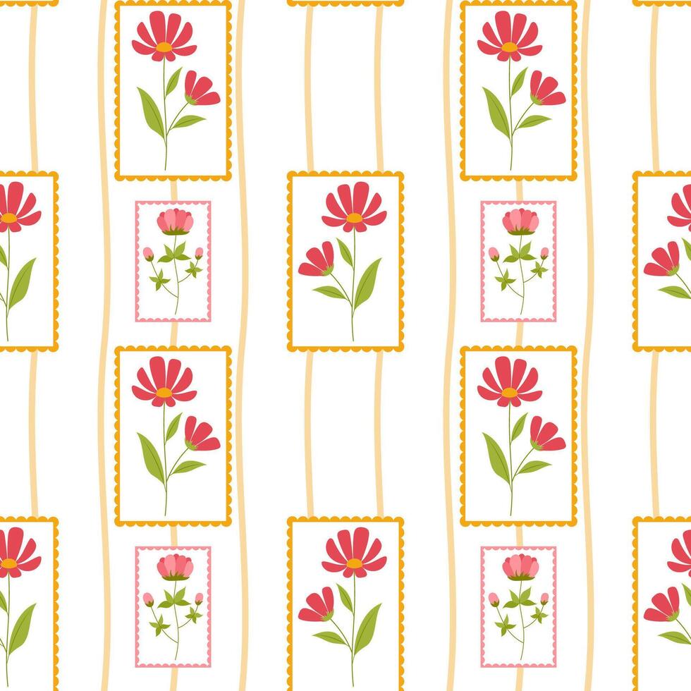 Pattern with red and pink wild flowers in frames vector