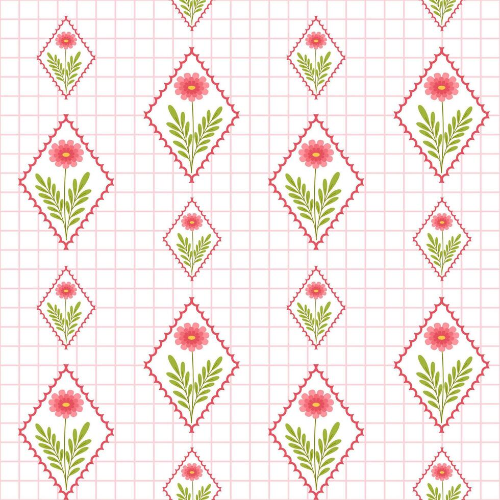 Pattern with pink flowers on checkered background vector