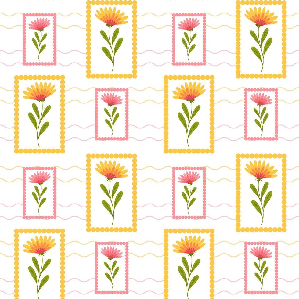 pattern with pink and yellow wild flowers in frames vector
