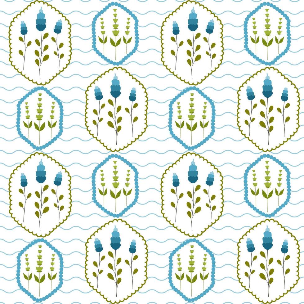 Pattern with green and blue wild flowers in frames vector