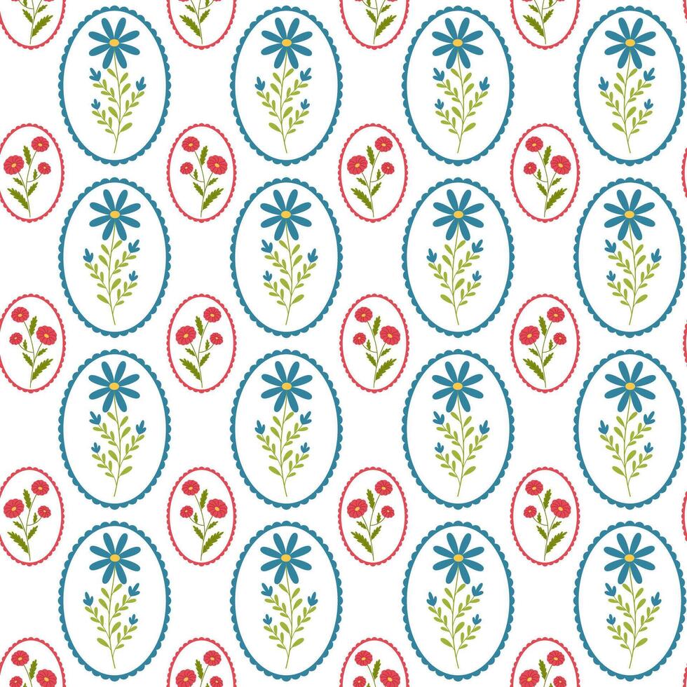 Pattern with red and blue wild flowers in frames vector