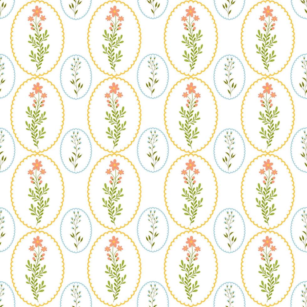 Seamless pattern with small wild flowers in round frames vector